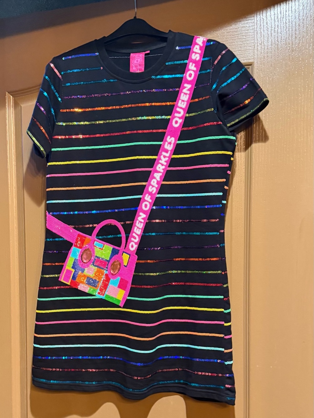 Queen Of Sparkles Rainbow Striped Crossbody T-Shirt Dress
